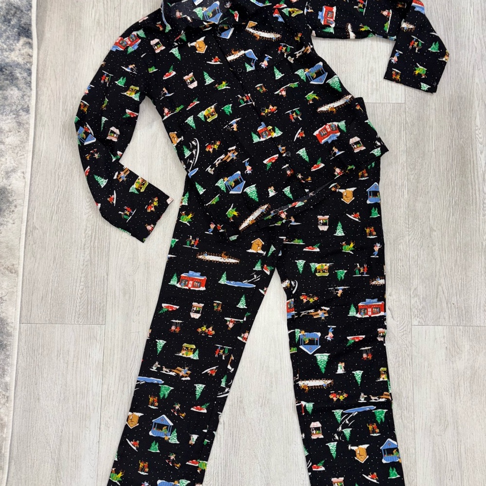 Old Navy Black Pajama Set with Colorful Holiday Prints